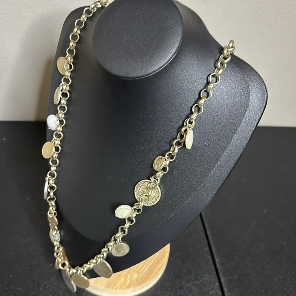 Chico’s Long Coin Silver Gold Tone Dangle Chain Necklace
